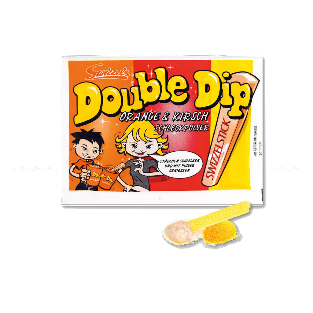 Swizzels Double Dip Schleckpulver - ein Lutschstäbchen mit Schleckpulver zum dippen in den Geschmacksrichtungen Orange und Kirsche